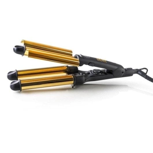 Boucleur 3 Têtes Haeger Golden Curls Céramique 100-220°C Chauffe Rapide Arrêt Auto Noir Or