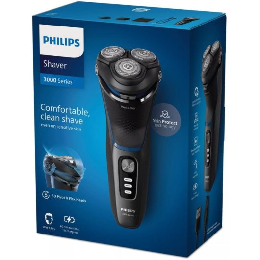 Elektrorasierer Philips Shaver 3000 Series S3344/13 Kabellos 60min Nass- und Trockenrasur 3 Scherköpfe Schnellladung