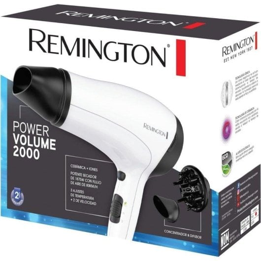 Sèche-cheveux Ionique Remington Power Volume 2000 D3015 2000W 3 Températures 2 Vitesses avec Diffuseur et Concentrateur Blanc