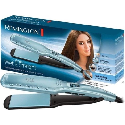 Prancha de Cabelo Cerâmica Remington Wet 2 Straight 230ºC 10 Definições Placas Largas Seco e Húmido Desligar Automático Visor Aguamarina