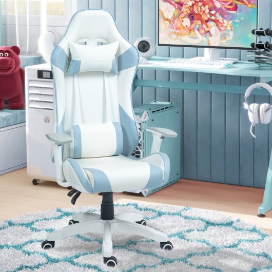 Homcom Silla Gaming Reclinable Giratoria con Cojín Lumbar 67x60x120-128cm Azul