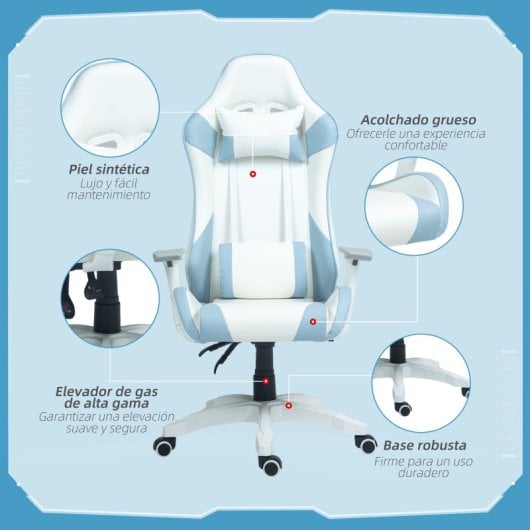 Homcom Silla Gaming Reclinable Giratoria con Cojín Lumbar 67x60x120-128cm Azul