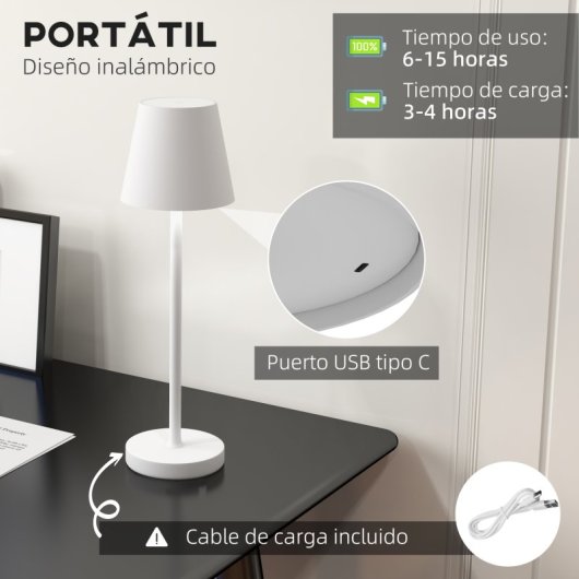 Homcom Lámpara de Mesita de Noche Luces LED USB-C Recargable Ø11.2x36.5cm Blanca