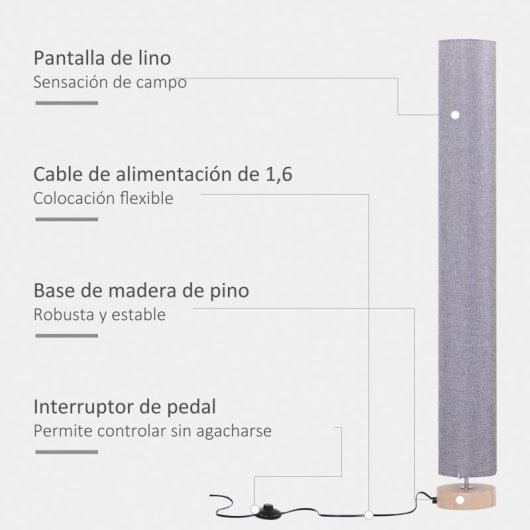 Homcom Lámpara de Pie Casquillo Máx. 40W E27 Pantalla de Lino Ø15x120cm Gris