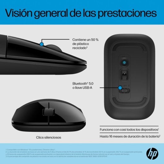HP Z3700 Dual Ratón Inalámbrico Bluetooth 1600 DPI Negro