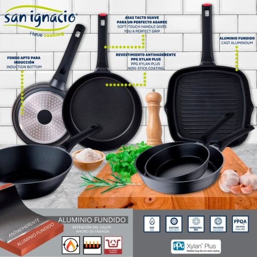 San Ignacio Energy Pro Juego 4 Sartenes 20-24-28-30 + Wok 28cm + Sartén Asador 28cm Aluminio Fundido Aptas para Inducció