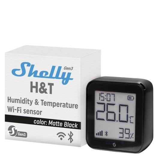 Sensor de Temperatura e Humidade Shelly H&T Gen3 Wi-Fi Bluetooth Preto Autonomia Prolongada