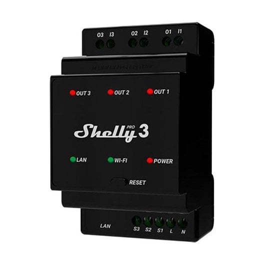 Relais Wi-Fi Shelly Pro 3 Bluetooth/Ethernet Contrôle de l’éclairage, DIN, Protection thermique