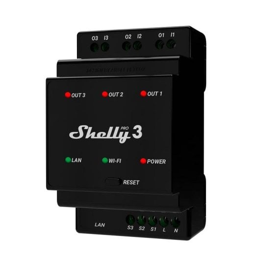 Relais Wi-Fi Shelly Pro 3 Bluetooth/Ethernet Contrôle de l’éclairage, DIN, Protection thermique