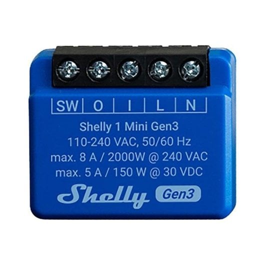 Relais Wi-Fi Shelly 1 Mini Gen3 Wi-Fi Bluetooth Contrôle universel, Encastrable, Protection thermique