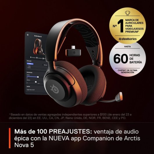 SteelSeries Arctis Nova 5 Auriculares Gaming Inalámbricos 60h 100+ Presets Bluetooth PC/PS5 Negro