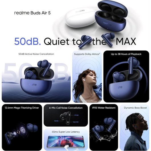 Realme Buds Air 5 Auriculares Bluetooth Blancos con Cancelación Activa de Ruido 50dB