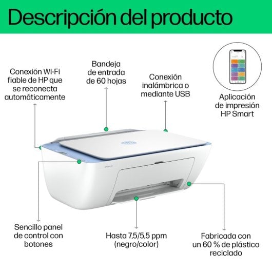 HP DeskJet 2822e Impresora Multifunción Color Wifi Blanca + 3 Meses de Impresión Instant Ink con HP+