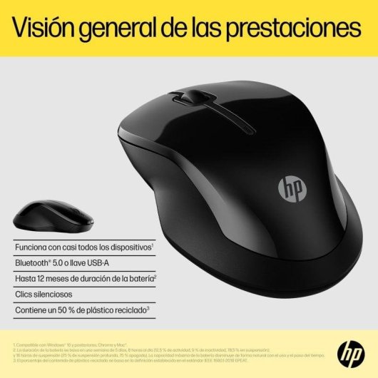 HP 250 Ratón Dual Inalámbrico Bluetooth 5.0, hasta 1600 dpi Conexión USB-A Laterales Antideslizantes