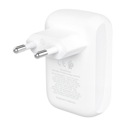 Belkin BoostCharge Cargador de Pared Doble 1x USB-C PD 3.0 30W + 1x USB-A 12W Blanco