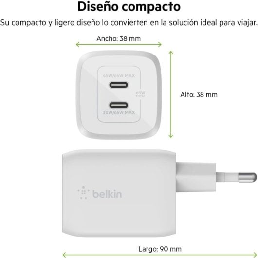 Belkin BOOST CHARGE PRO Cargador USB-C GaN Doble con PPS 65 W + Cable USB-C a USB-C