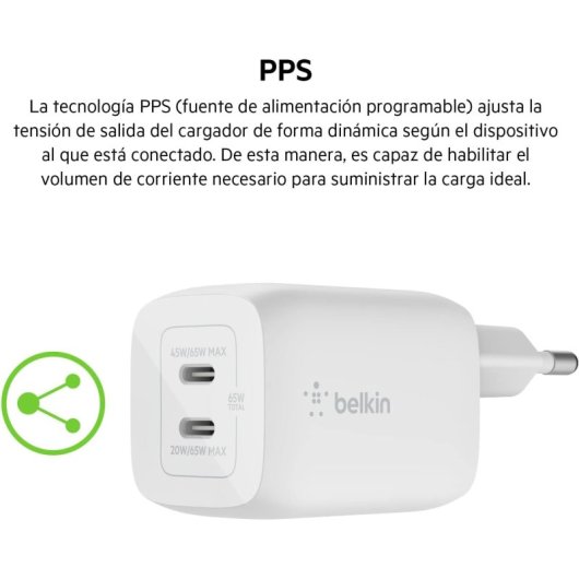 Belkin BOOST CHARGE PRO Cargador USB-C GaN Doble con PPS 65 W + Cable USB-C a USB-C