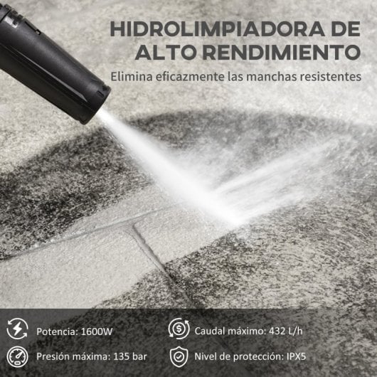 Durhand Máquina de Lavar a Pressão 1600W Caudal 432l/h Bomba de Alumínio Pressão de 135 Bar