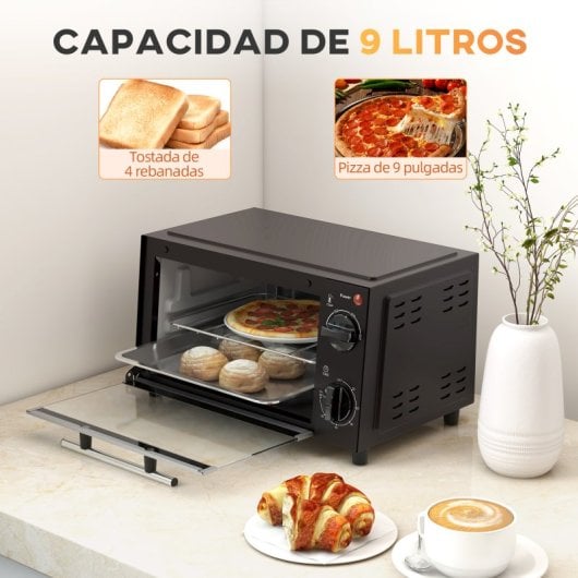 HOMCOM Mini Horno Eléctrico 9L 50W con Temperatura Ajustable Temporizador Negro