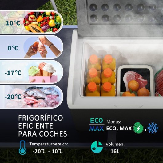 Outsunny Nevera Compresor Portátil 16L -20ºC-20ºC 12 / 24v DC y 100-240v CA Negro