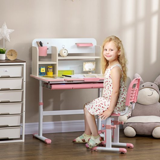 Homcom Juego De Escritorio Y Silla Para Niños +3 Años Con Altura Ajustable Rosa