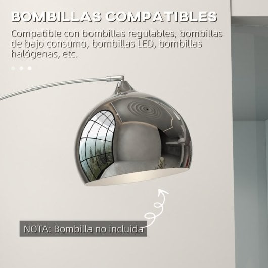 Homcom Lámpara De Pie Arco Altura Ajustable 110-115x30x170-180 Cm Plata Y Negro