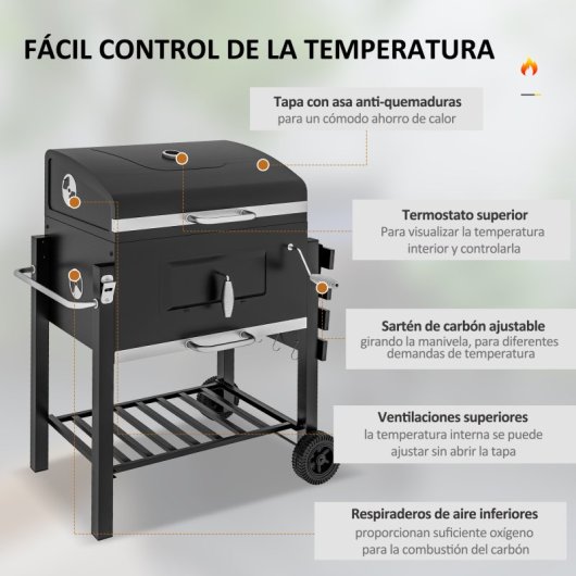 Outsunny Barbacoa De Carbón Con Ruedas Barbacoa Con Tapa 113x65x108 Cm Negro