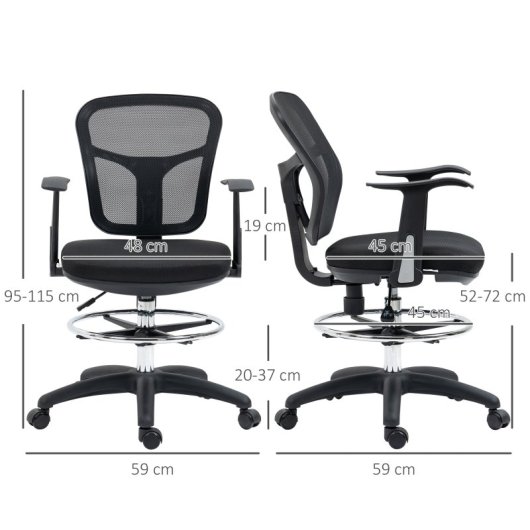 Vinsetto Silla De Dibujo Ergonómica De Malla Con Reposabrazos 59x59x95-115 Cm