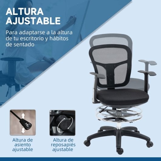 Vinsetto Silla De Dibujo Ergonómica De Malla Con Reposabrazos 59x59x95-115 Cm