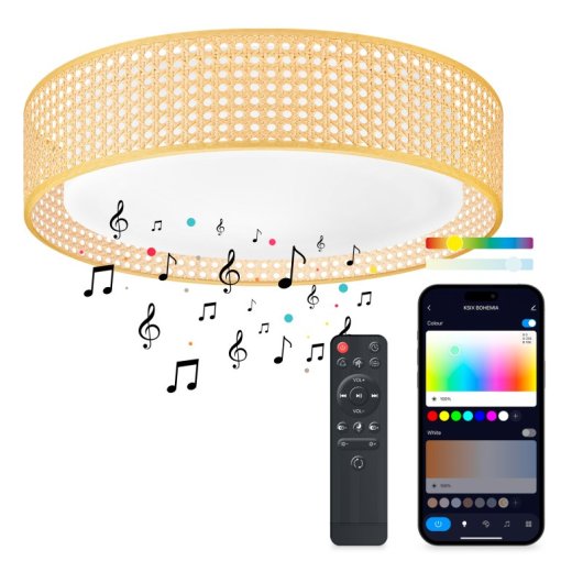 Ksix Bohemia Plafon Smartled, Design Rattan, Altifalante 3W Integrado, 4.000 Lm, 35 W Branco