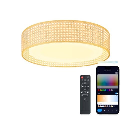 Ksix Bohemia Plafon Smartled, Design Rattan, Altifalante 3W Integrado, 4.000 Lm, 35 W Branco
