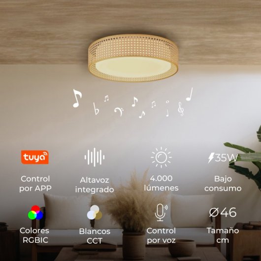 Ksix Bohemia Plafon Smartled, Design Rattan, Altifalante 3W Integrado, 4.000 Lm, 35 W Branco