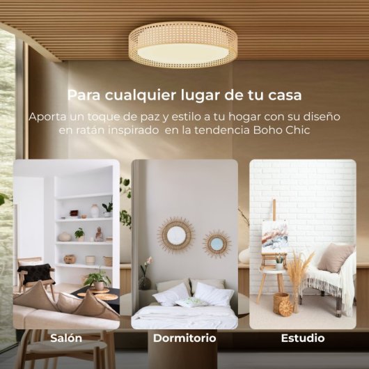 Ksix Bohemia Plafon Smartled, Design Rattan, Altifalante 3W Integrado, 4.000 Lm, 35 W Branco