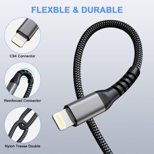 Klack Cable Carga Rápida Aluminio Irrompible USB a Lighting 2 Metros Negro