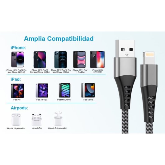 Klack Cable Carga Rápida Aluminio Irrompible USB a Lighting 2 Metros Negro