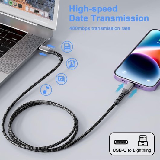 Klack Cable Carga Rápida Aluminio Irrompible USB-C a Lighting 2 Metros