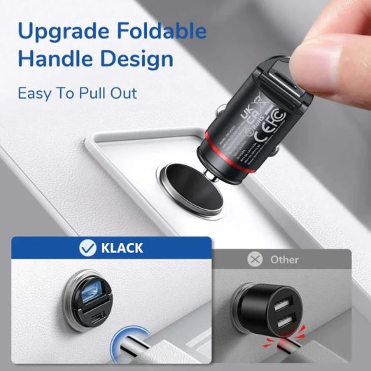 Klack Carregador de Carro USB com USB-C 30w e USB QC 30W Carga Rápida