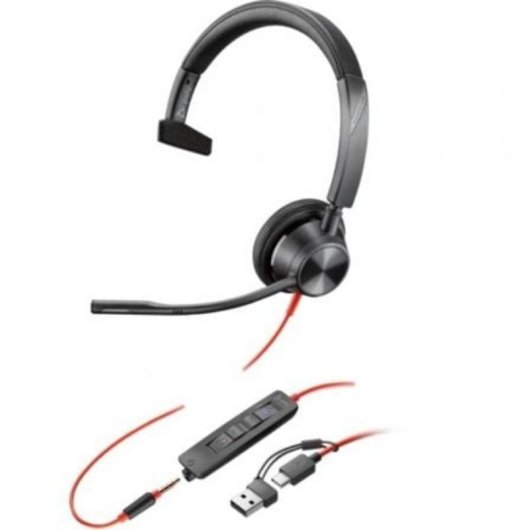 Auriculares Poly Blackwire 3315 con cable USB-C, jack 3,5 mm y Microsoft Teams, monoaurales negros