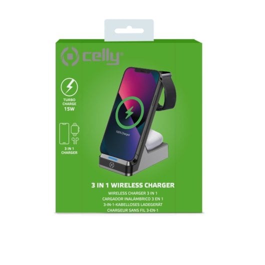 Celly Cargador Inalámbrico 3en1 con Soporte Gris