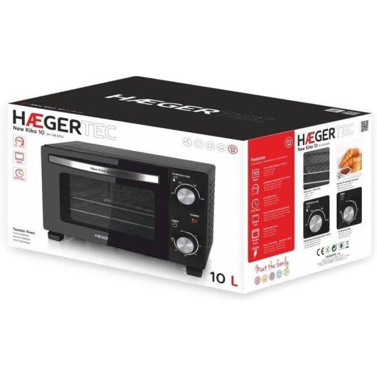 Horno Sobremesa Haeger Kiko 10L 45cm 800W Temporizador Puerta Doble Vidrio Negro
