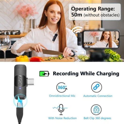 Boya BY-V20 Micrófono de Solapa Inalámbrico Transmisión Dual Omnidireccional Android USB-C Negro