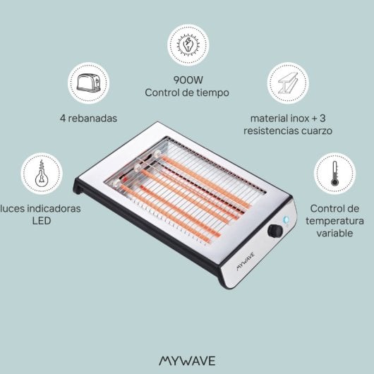 MyWave MWTOS-PLA Tostador Plano con 6 Niveles de Potencia 600W Acero Inoxidable