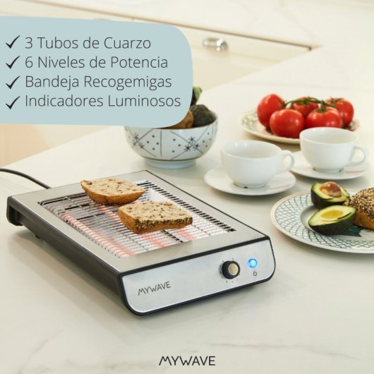 MyWave MWTOS-PLA Tostador Plano con 6 Niveles de Potencia 600W Acero Inoxidable