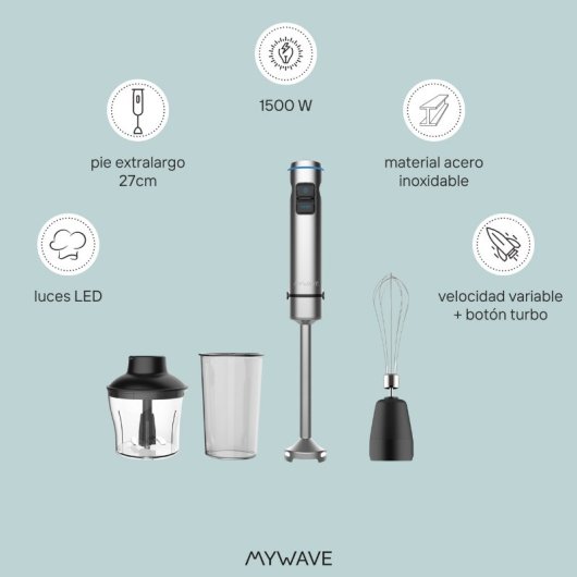 MyWave MWBTM-1500ACC Batidora de Mano 1500W Con Accesorios Acero Inoxidable