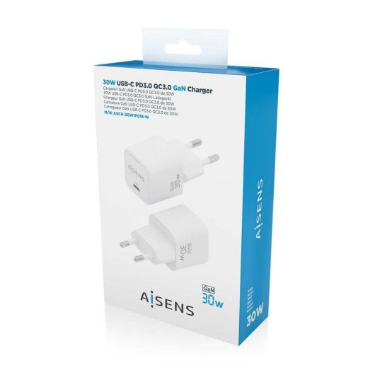 Carregador Aisens GaN 30W USB-C PD3.0 QC4.0 Branco Compacto