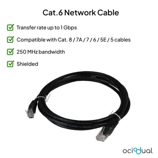 Ociodual Cable de Red RJ45 Cat.6 de 1m UTP AWG24 1Gbps 500MHz Negro