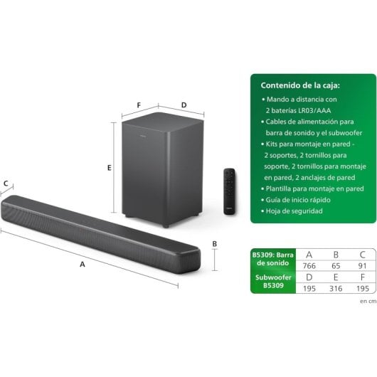 Philips TAB5309 Barra de sonido con Subwoofer Inalámbrico Dolby Digital Plus DTS Virtual:X Bluetooth Negro