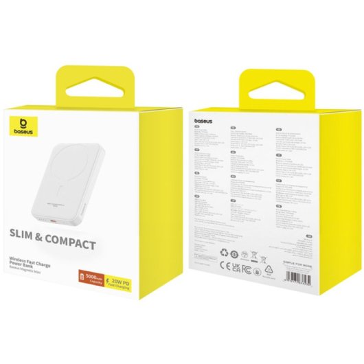 Baseus Powerbank 5000mAh mit MagSafe Wireless Charging 20W Weiß + USB-C auf USB-C Kabel 30cm Weiß