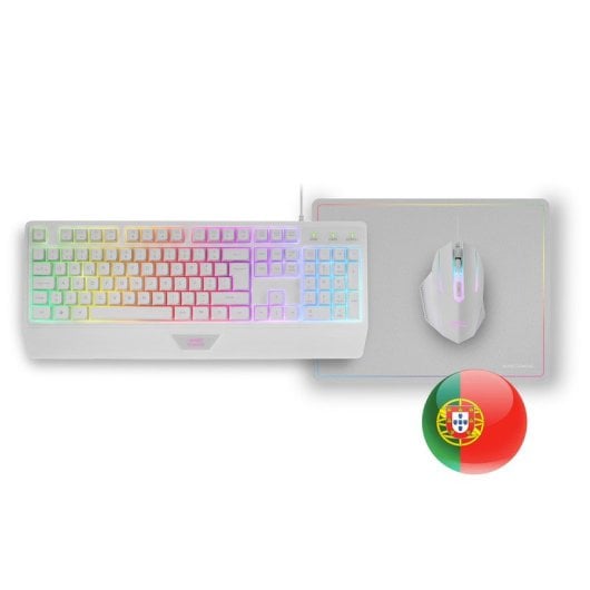 Mars Gaming MCP124 Combo 3 en1 Teclado LED RGB + Ratón RGB 3200 DPI + Alfombrilla, Portugués, Blanco