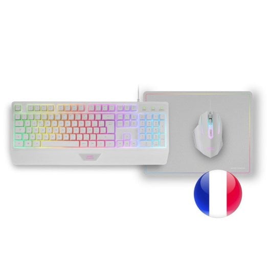 Mars Gaming MCP124 Combo 3 en1 Teclado LED RGB + Ratón RGB 3200 DPI + Alfombrilla, Francés, Blanco